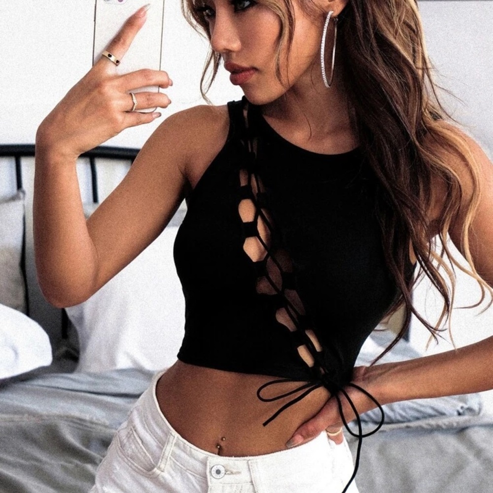 Black Lace-Up Women Top